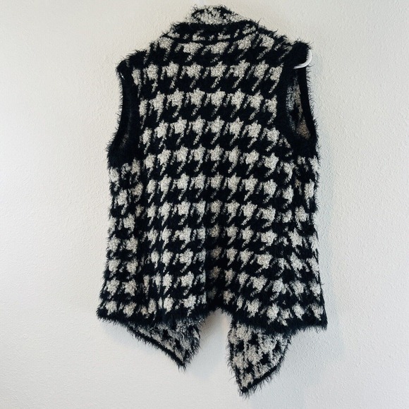 Womens S/M Sioni Houndstooth Sweater‎ Vest Black White Eyelash Fringe Open Front - Picture 3 of 7